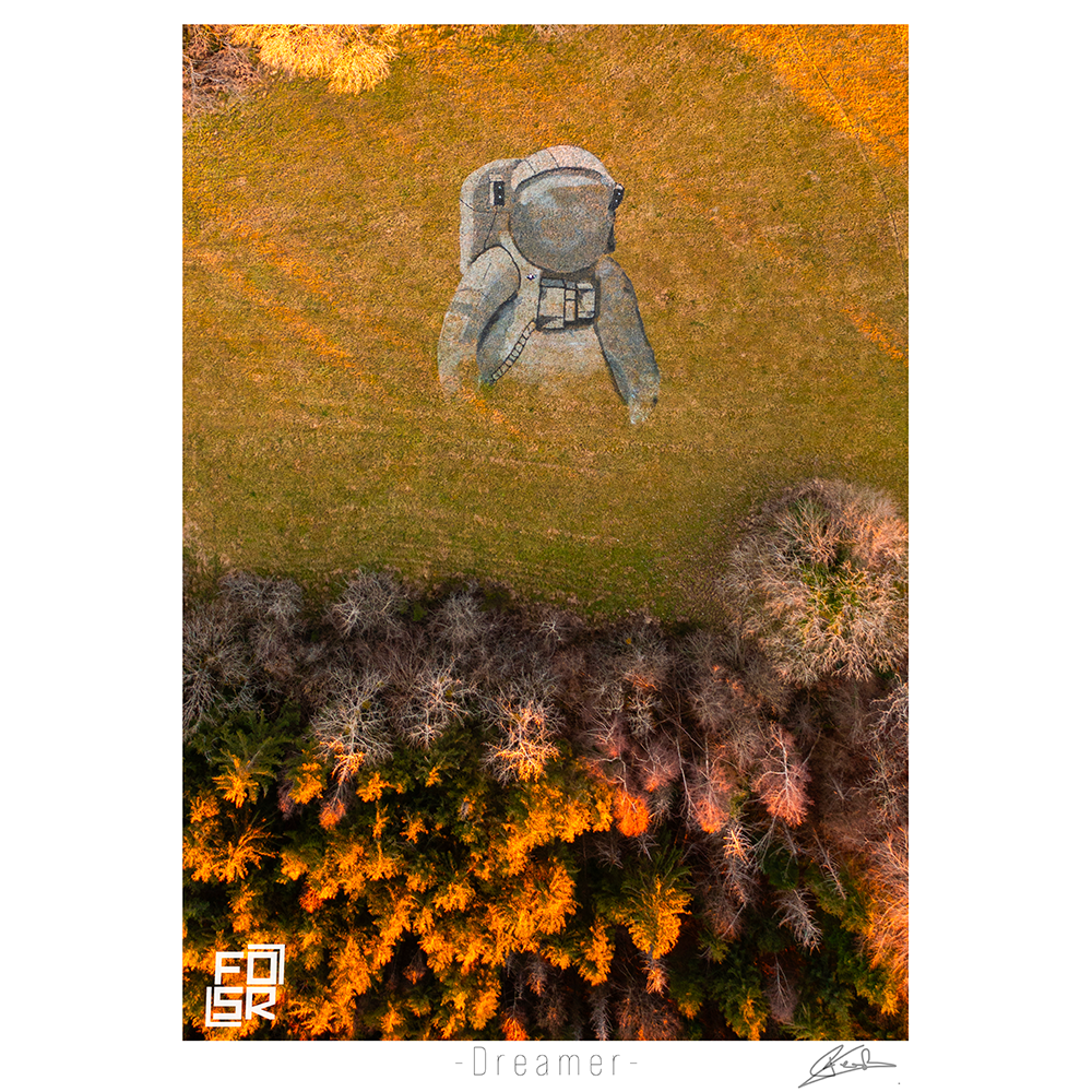 Œuvre "Dreamer" de FOSR – création contemporaine de land art, astronaute dans un paysage naturel.