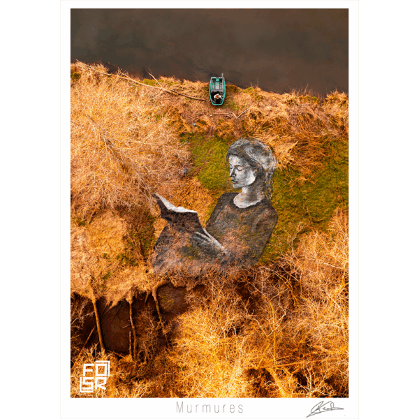 Œuvre "Murmures" de FOSR – création contemporaine de land art, personnage en lecture.